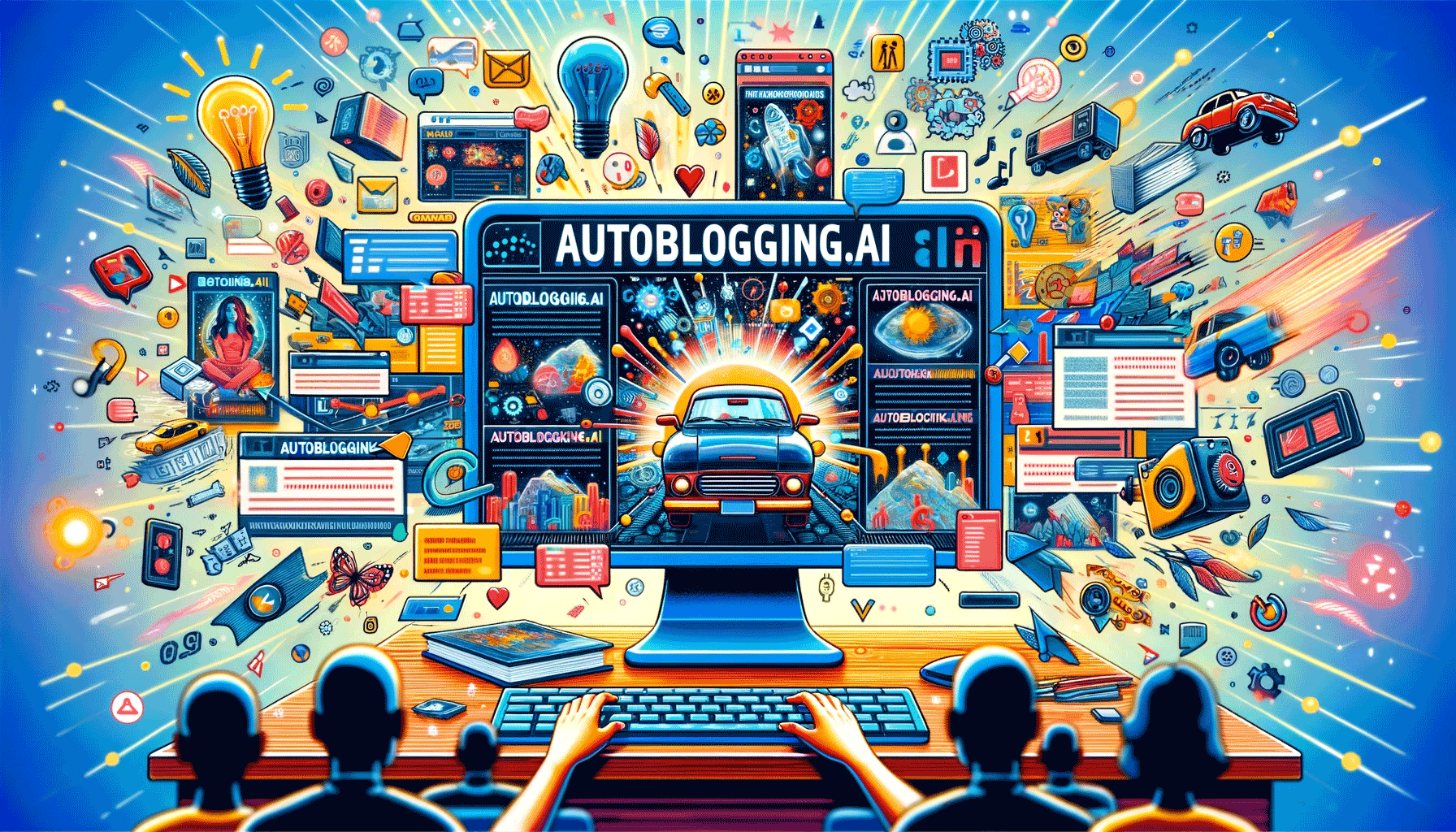 Image representing Autoblogging.ai, focusing on its content generation capabilities. It features a dynamic scene with a computer screen display