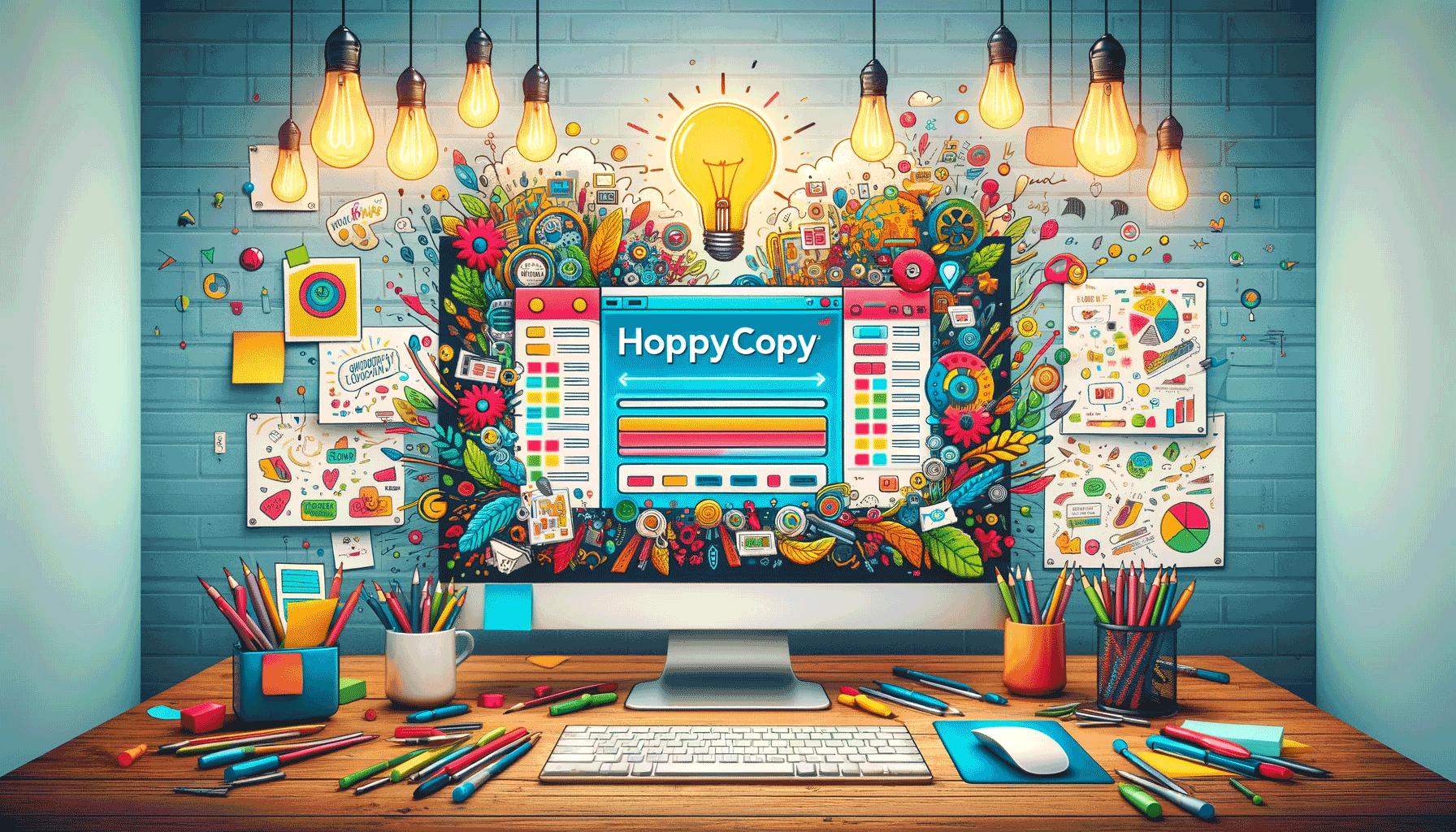 Image that brings to life HoppyCopy's role in creative copywriting, depicting a workspace filled with elements of inspiration and creativity